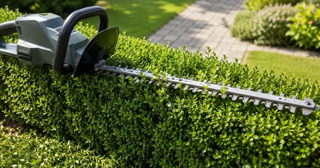Heckenscheren im Vergleich: frisch geschnittene Buchsbaumhecke mit Heckenschere und abgeschnittenen Zweigen im Garten