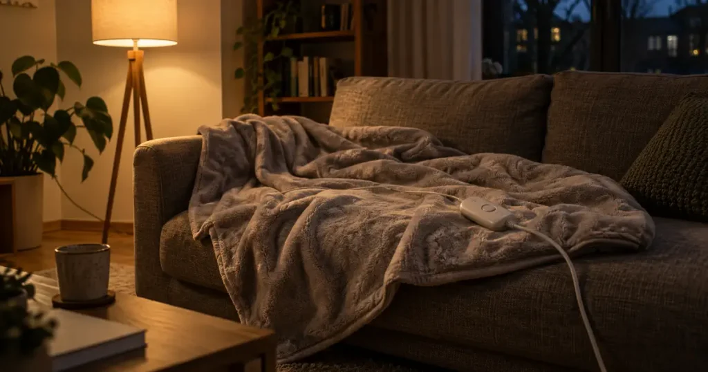 Heizdecken im Vergleich: Elektrische Wärmedecke liegt beiläufig auf einem Wohnzimmersofa.