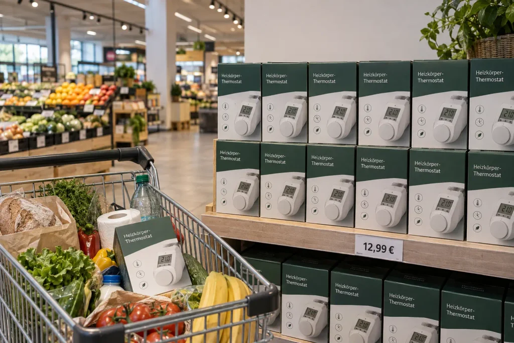 Heizkörper-Thermostat im Aldi Nord Angebot im Supermarktregal mit Preisschild