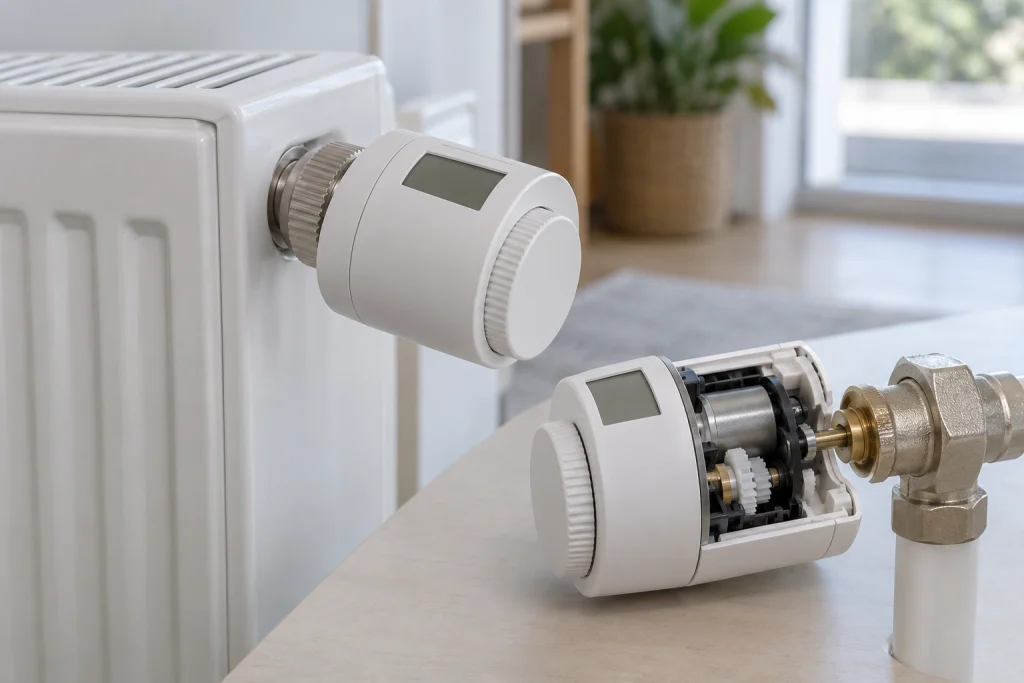 Heizkörper-Thermostat am Ventil eines weißen Heizkörpers mit elektronischer Temperaturregelung