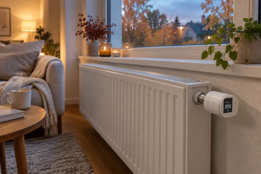 Heizkörper-Thermostat an einem weißen Heizkörper in einem gemütlichen Wohnzimmer