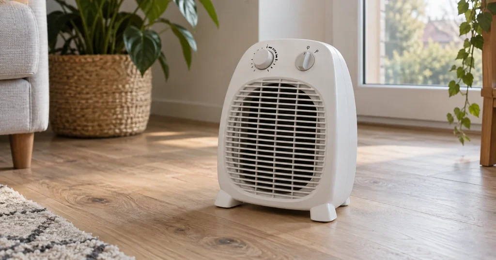 Heizlüfter kaufen – komplettes Gerät mit Thermostat-Bedienpanel im hellen Wohnraum