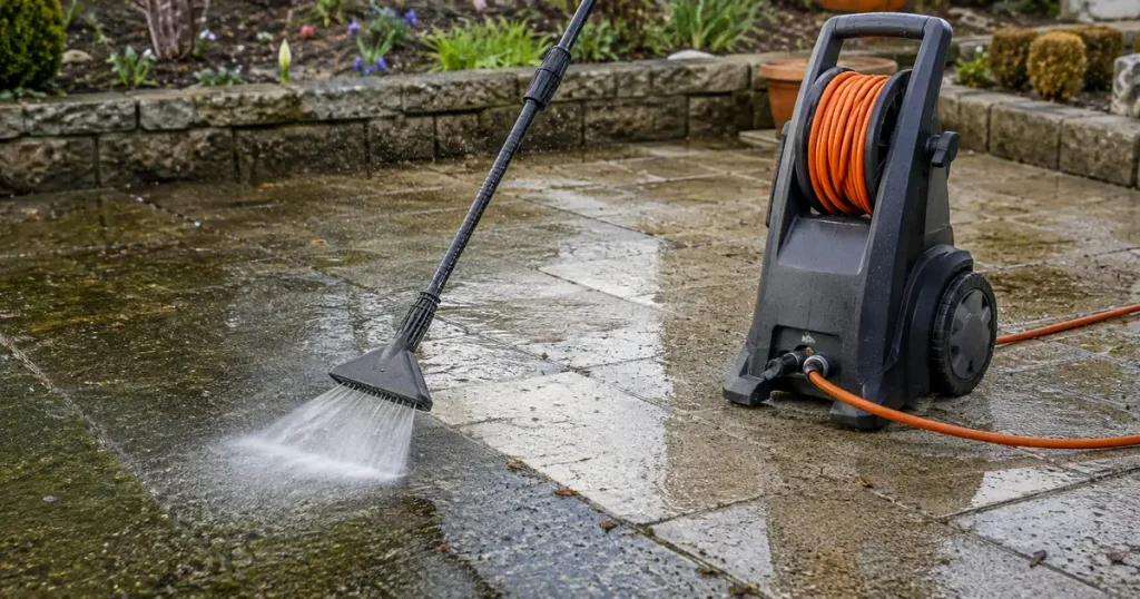Hochdruckreiniger im Vergleich: Reinigung einer Terrassenfläche mit kräftigem Wasserstrahl