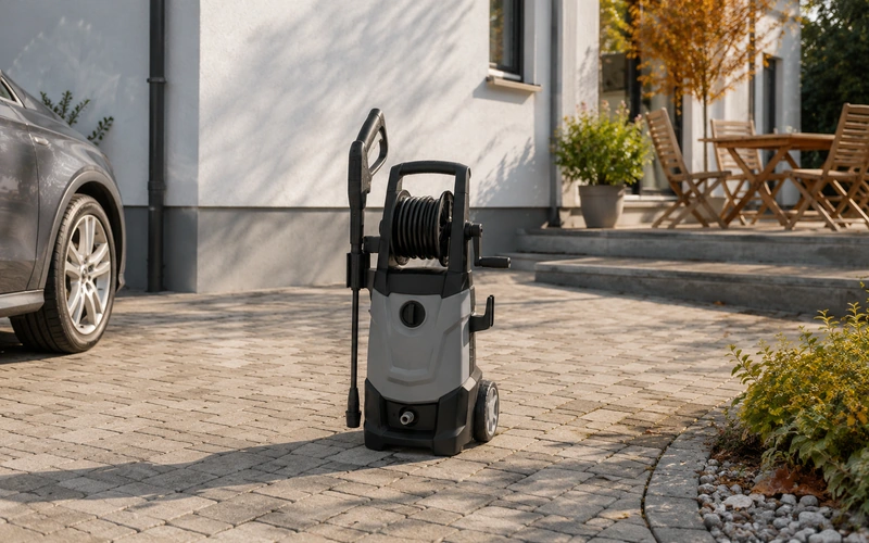 Hochdruckreiniger zwischen Einfahrt, Terrasse und Fassade positioniert