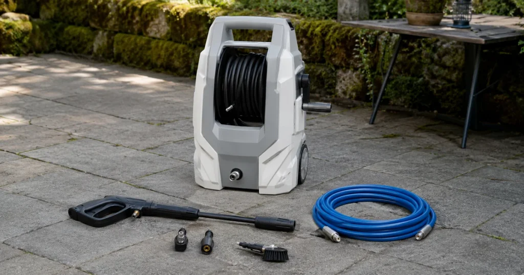 Hochdruckreiniger kaufen – Gerät mit Zubehör auf einer Terrasse bereitgestellt