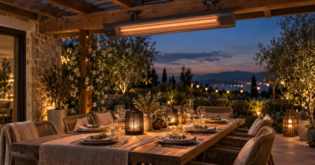 Gedeckter Terrassentisch am Abend unter einem montierten Infrarot-Heizstrahler