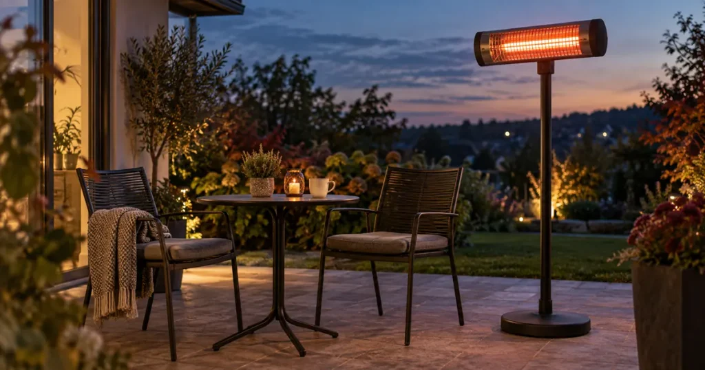 Infrarot-Heizstrahler im Vergleich auf herbstlicher Terrasse am Abend