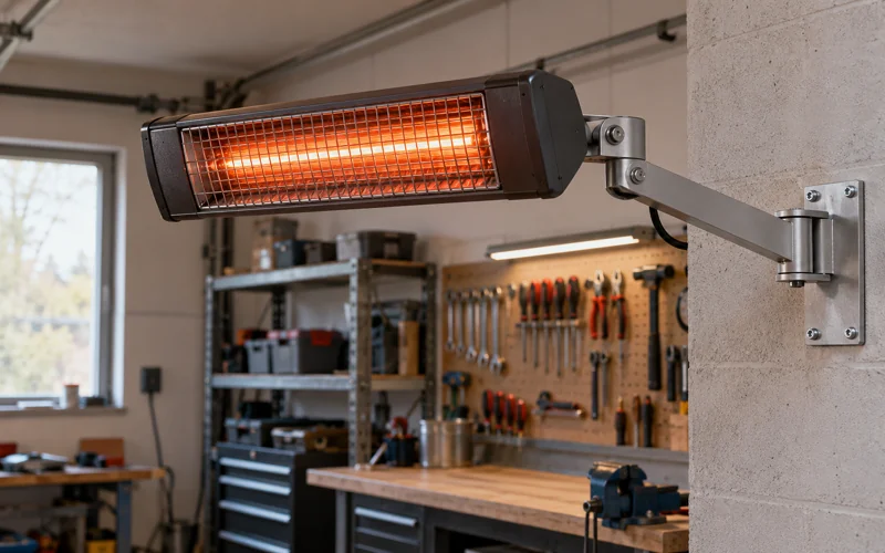 Wandmontierter Infrarot-Heizstrahler in Garage mit robustem Metallgehäuse