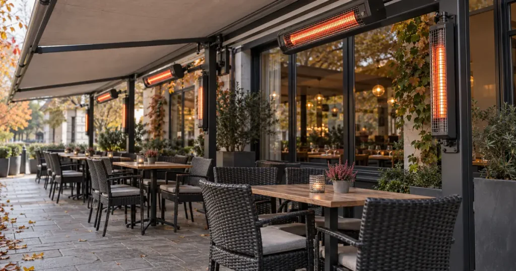 Infrarot-Heizstrahler kaufen – Außenterrasse einer Gastronomie am Abend