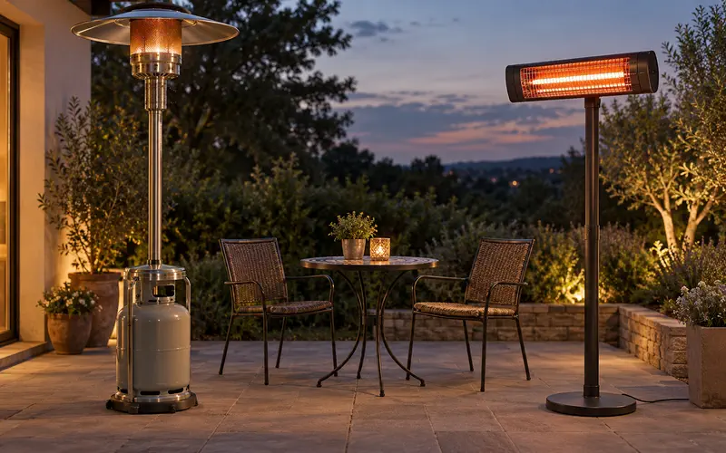 Elektrischer Infrarot-Heizstrahler neben einem Gas-Heizpilz auf einer Terrasse