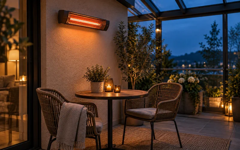 Wandmontierter Infrarot-Heizstrahler in einer geschützten Loggia am Abend