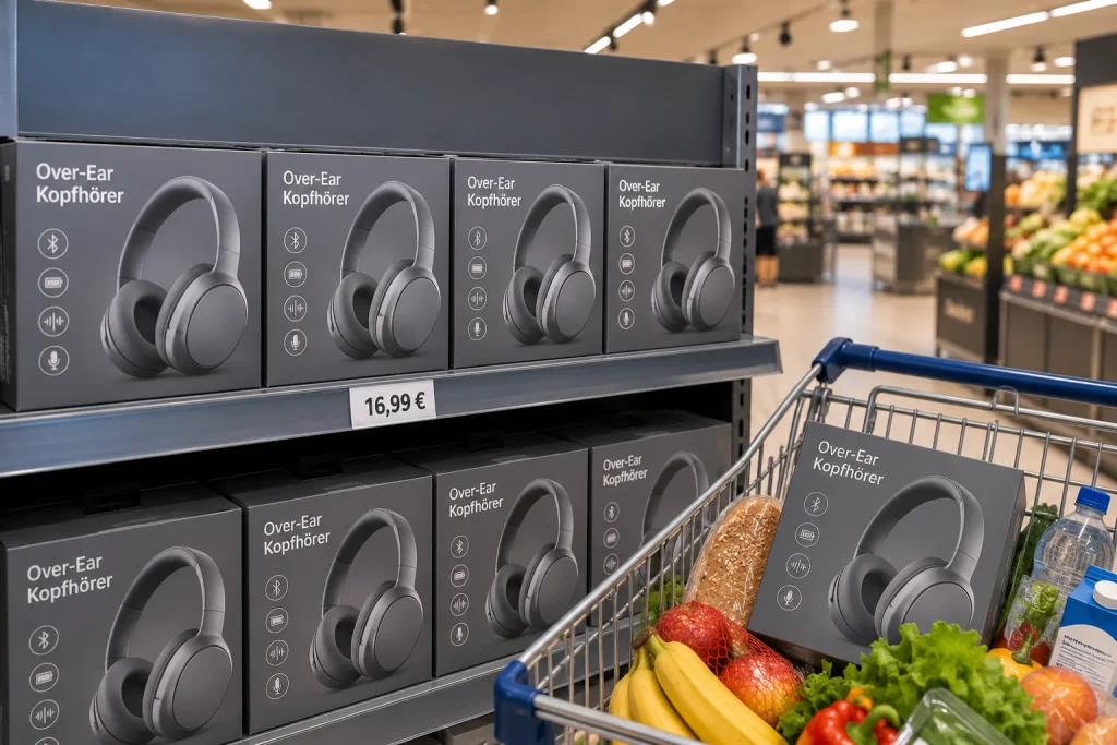 Kabelloser Over-Ear-Kopfhörer im Aldi Süd Angebot im Supermarktregal