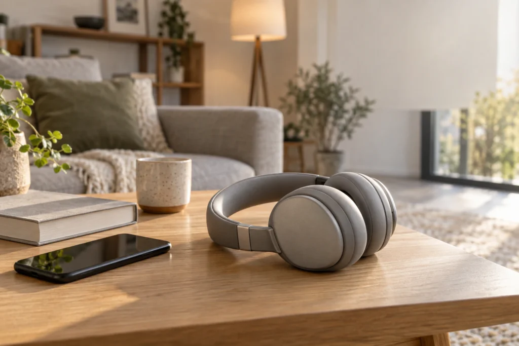 Kabelloser Over-Ear-Kopfhörer auf einem Wohnzimmertisch neben Smartphone und Musikzubehör