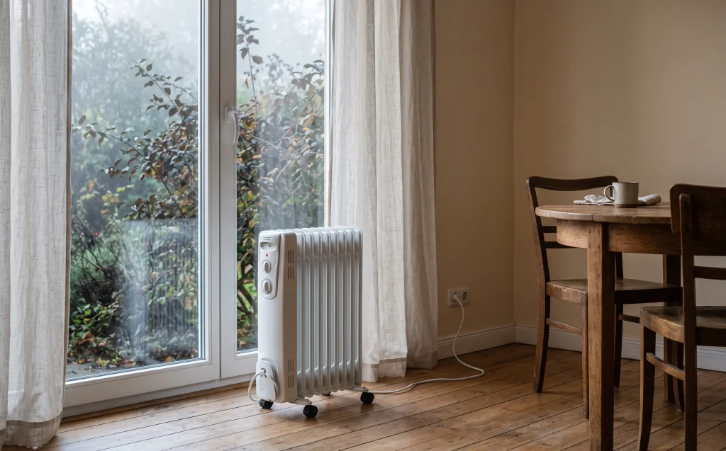 Ölradiator mit Abstand zum Vorhang neben einer Terrassentür im Esszimmer am Herbstmorgen