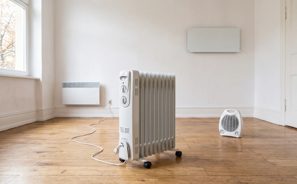 Ölradiator neben Heizlüfter, Wandkonvektor und Infrarotheizung in einem hellen Raum mit Holzboden