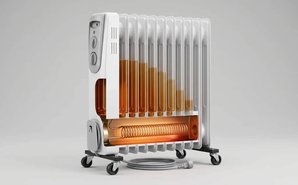 Aufgeschnittener Ölradiator mit Ölfüllung in den Rippen und Heizwiderstand im Inneren des Gehäuses