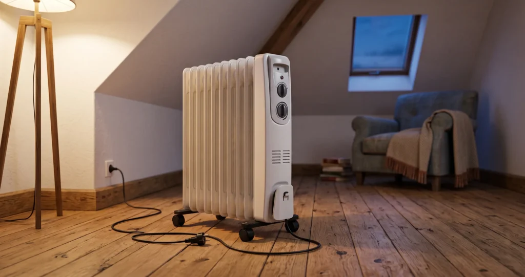 Weißer Ölradiator in einem Dachzimmer am Abend mit warmem Licht und Holzdielen