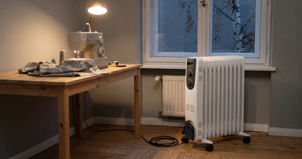 Ölradiator kaufen: weißer Ölradiator neben einem Nähtisch im kühlen Nordzimmer bei Abendlicht