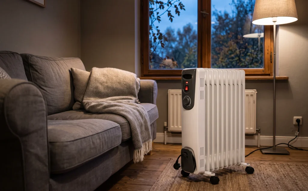 Weißer Ölradiator neben grauem Sofa mit Wolldecke im Wohnzimmer am Herbstabend