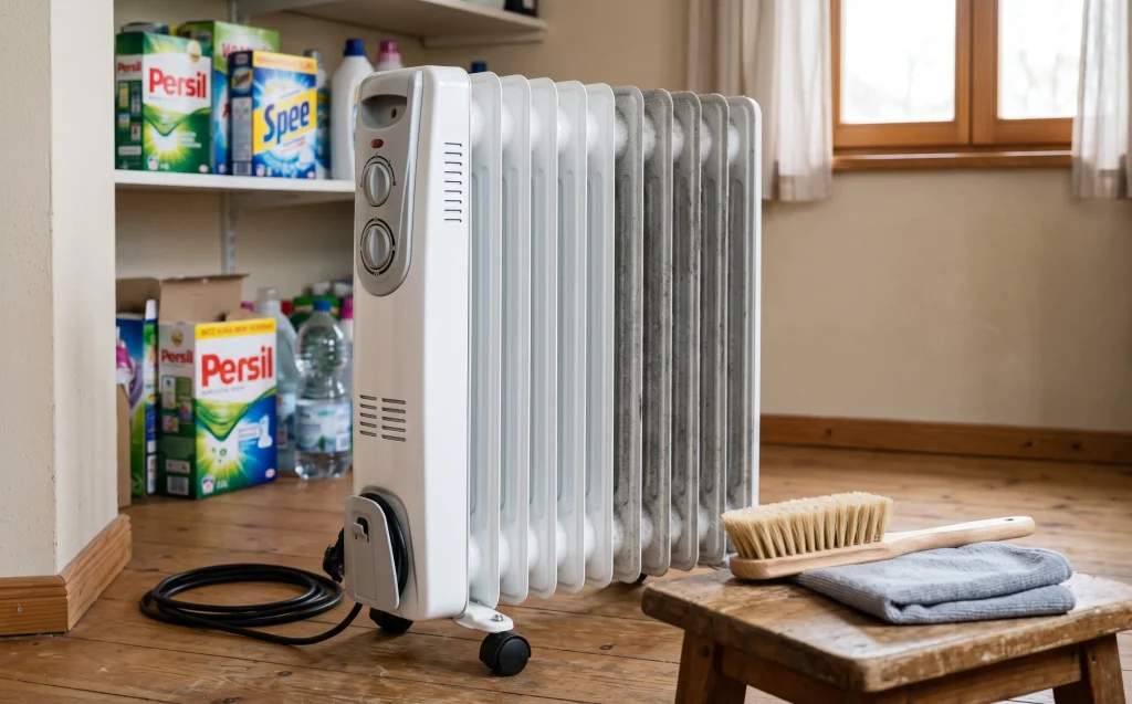 Ölradiator halb abgestaubt mit weichem Pinsel und Tuch davor im Hauswirtschaftsraum
