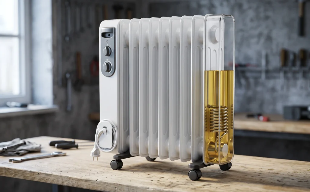 Aufgeschnittene Rippe eines Ölradiators mit sichtbarem Thermoöl und Heizstab im Schnittmodell