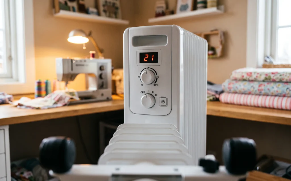 Bedienfeld eines weißen Ölradiators mit digitalem Display und Frostschutz-Taste in Nahaufnahme