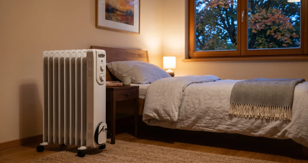 Ölradiatoren im Vergleich: weißer Ölradiator mit Rippen neben einem gemachten Bett im abendlich warm beleuchteten Gästezimmer