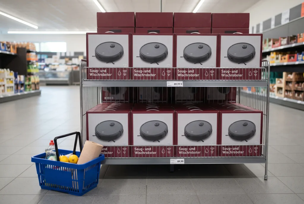 Saug- und Wischroboter Aldi Nord: Kartons im Aktionsregal mit Preisschild 89,99 Euro neben einem Handkorb