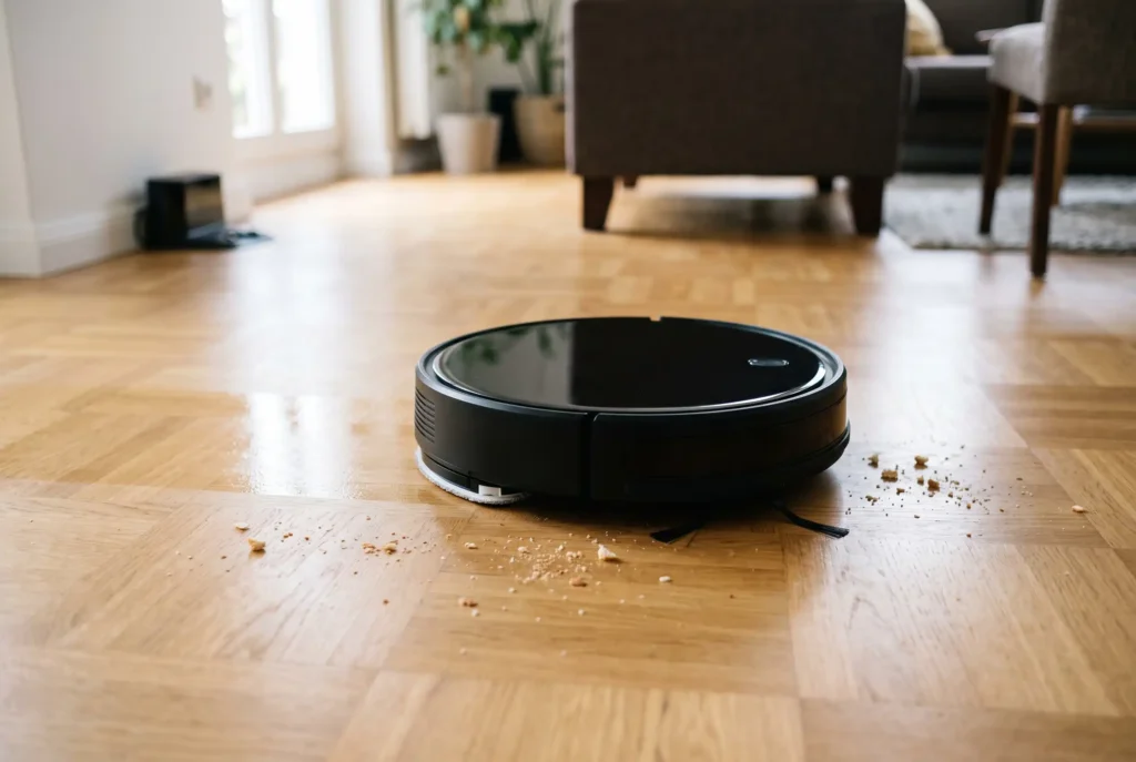 Saug- und Wischroboter Aldi Nord im Einsatz: schwarzer Roboter fährt auf Parkett am Sofa entlang