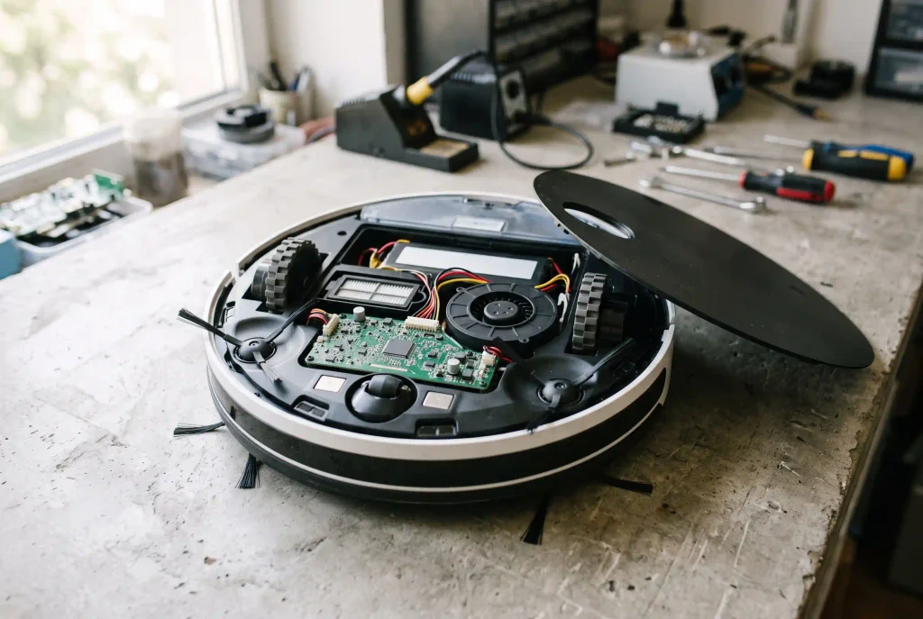 Aufgeklappter Saug- und Wischroboter: Platine, Gebläsemotor und Antriebsräder im geöffneten Gehäuse