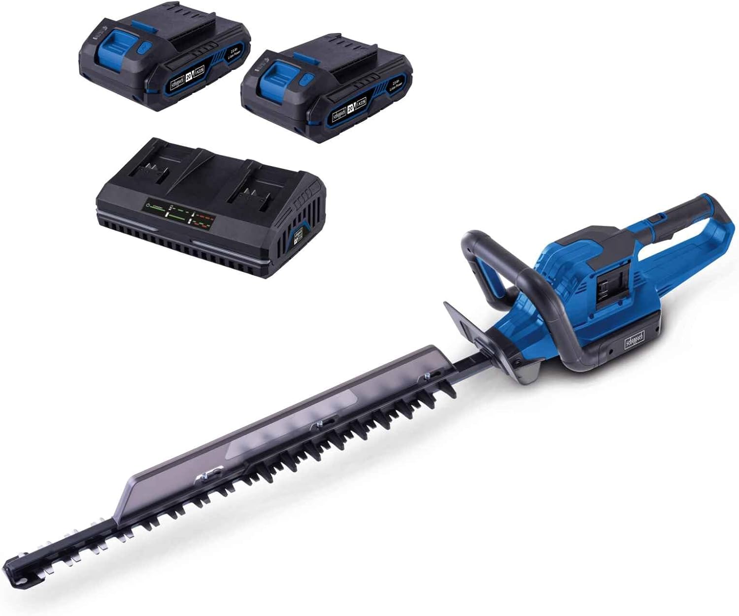 Scheppach Akku-Heckenschere BC-HT720-X in Blau mit Doppelladegerät