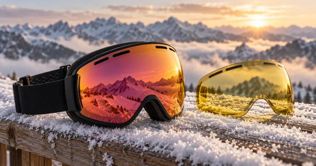 Skibrillen im Vergleich: Skibrille mit Wechselscheibe auf verschneitem Holzgeländer an der Bergstation