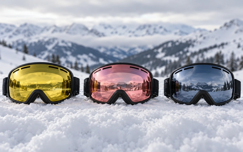 Drei Skibrillen mit gelber, rosa und grau verspiegelter Scheibe nebeneinander auf einer Schneekante