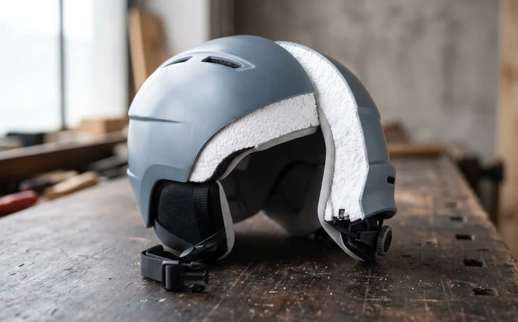 Aufgeschnittener Skihelm mit sichtbarer Außenschale, weißem Schaumstoffkern und Innenpolster im Querschnitt