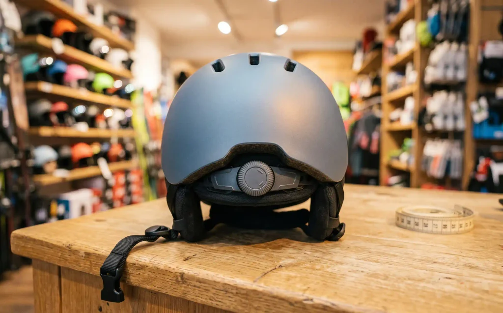 Skihelm von hinten mit Drehrad zur Größenverstellung und Maßband auf einem Holztresen
