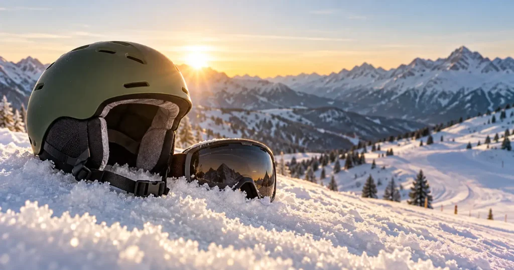 Skihelm in Dunkelgrün mit Skibrille auf einer verschneiten Kuppe vor Bergkulisse im Morgenlicht