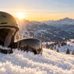 Skihelm in Dunkelgrün mit Skibrille auf einer verschneiten Kuppe vor Bergkulisse im Morgenlicht