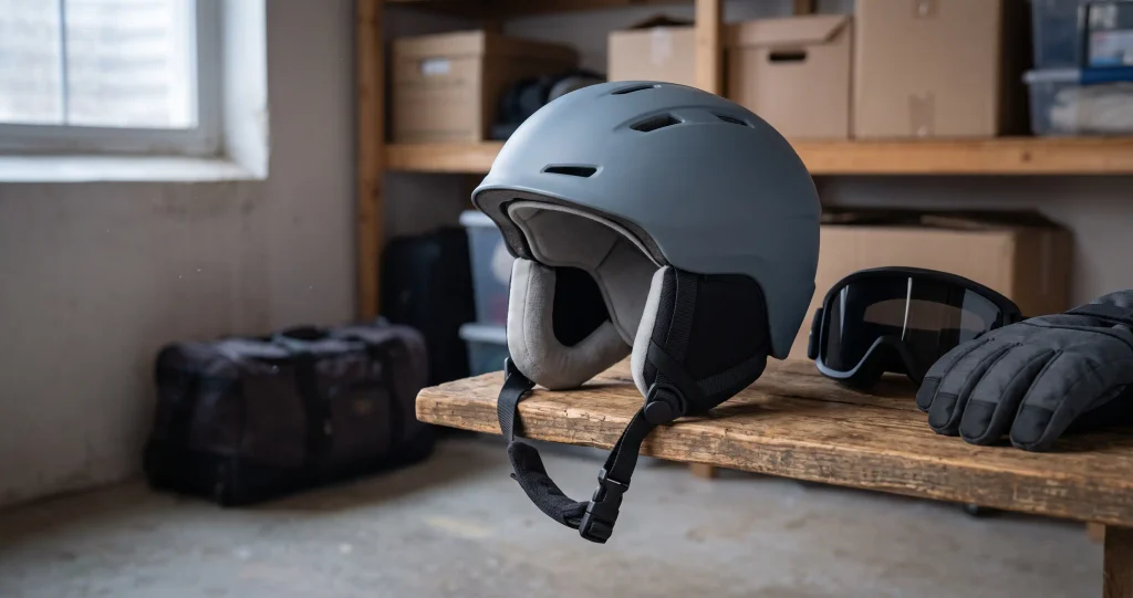 Skihelm kaufen: grauer Helm mit Kinnriemen auf Holzregal im Keller neben Skibrille und gepackter Tasche