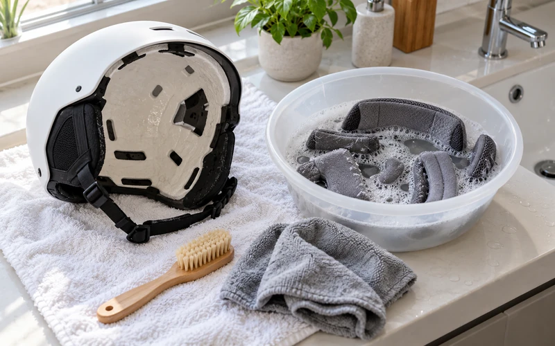 Skihelm mit herausgenommenen Polstern neben einer Schüssel mit Seifenwasser und einem weichen Tuch