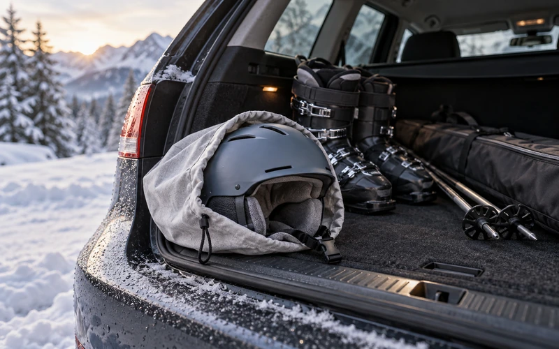 Skihelm in einer Helmtasche im Kofferraum neben Skischuhen und Skistöcken