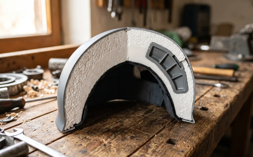 Skihelm im Querschnitt mit sichtbarer EPS- und EPP-Schaumkern-Struktur unter der Außenschale