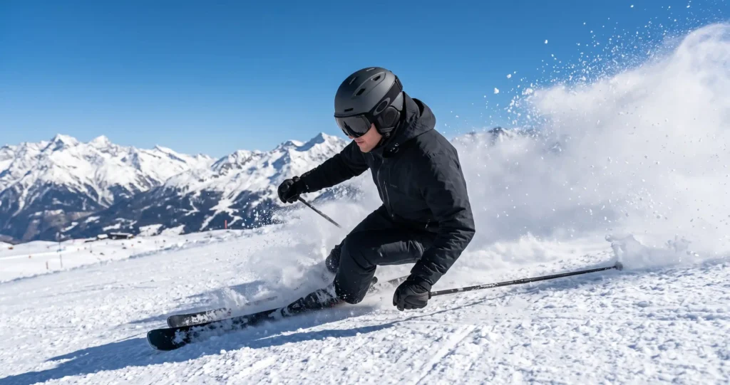 Skifahrer mit Skihelm in voller Fahrt auf sonniger Piste