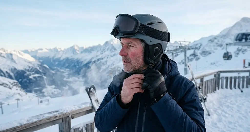 Skihelme im Vergleich – Skifahrer mit Skihelm und Skibrille im Morgenlicht an der Bergstation