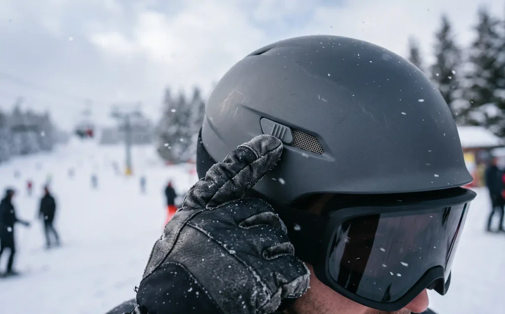 Hand verstellt den Lüftungsschieber an einem Skihelm im Detail