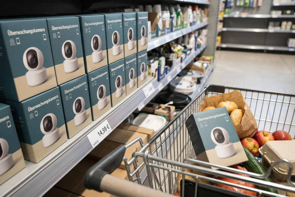 Smarte Überwachungskamera als verpacktes Produkt im Aktionsregal neben einem Einkaufswagen mit Kamera-Karton und Lebensmitteln
