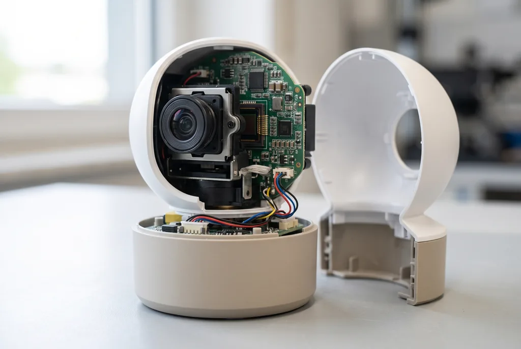 Smarte Überwachungskamera mit geöffnetem Gehäuse und sichtbarer Kameraelektronik als illustrative Technikdarstellung