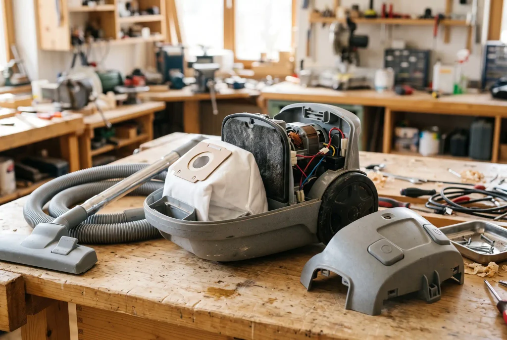 Innenansicht eines geöffneten Bodenstaubsaugers mit Staubbeutel, Motorschutz-Filter und Gebläsemotor