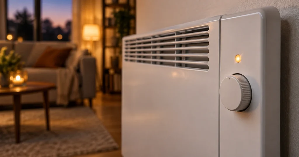 Nahaufnahme des Bedienfelds und Thermostats an einem Wandkonvektor