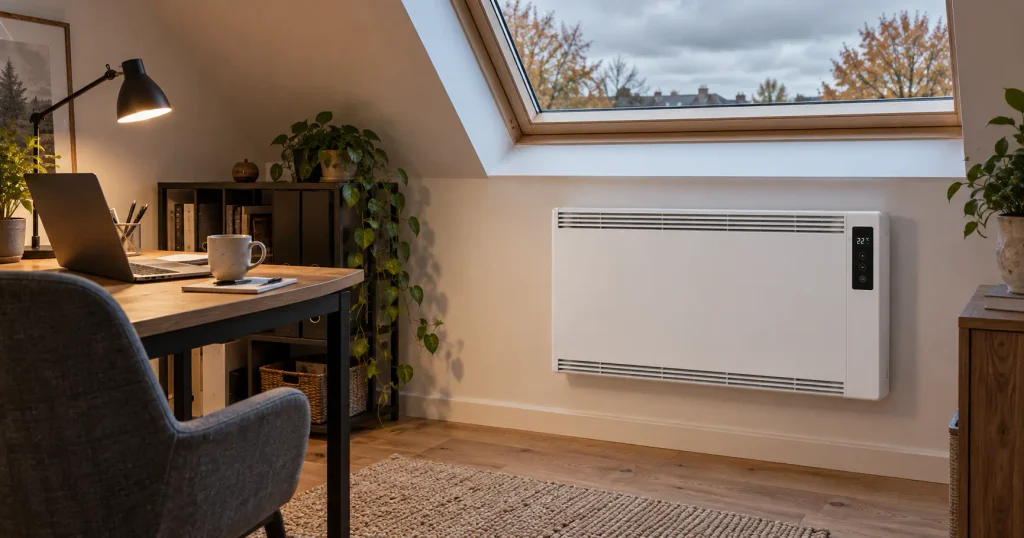 Wandkonvektor im Vergleich – an der Wand montiertes Heizgerät im hellen Homeoffice unterm Dach