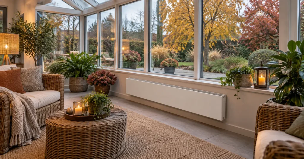 Wandkonvektor im Vergleich – Heizgerät an der Glasfront eines Wintergartens